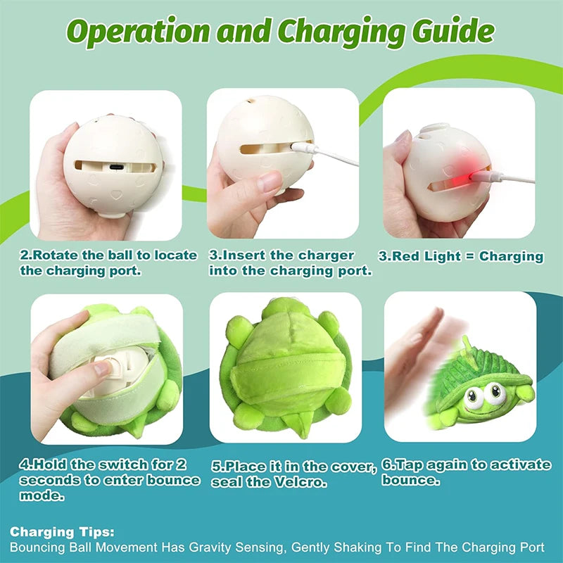 Pet Cat Dog Toy Cute Turtle Plush Chew Toy with Bouncing Ball, Music & Recording |Rechargeable Self-Play Pet Entertainment Toy