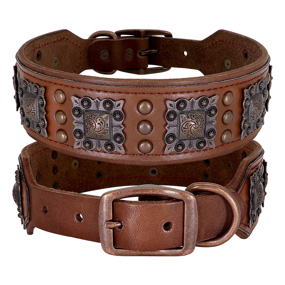 Cool Spiked Dog Collar For Medium Large Dogs Genuine Leather Adjustable Pet Accessories Collars Necklace