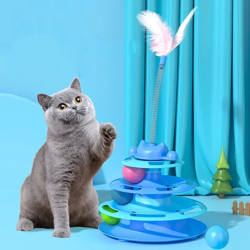 Pattern Feather Cat Toy, Three-layer Rotating Tower with Ball, Indoor Cat Interactive Fun&Christmas, New Year Pet Toys