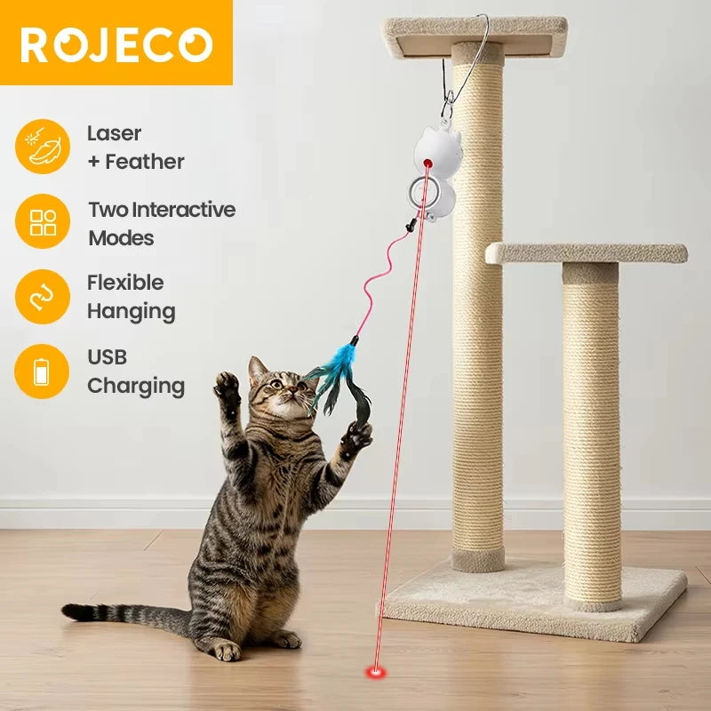 ROJECO Automatic Cat Toy 2 in 1 Interactive Laser Cat Toy with Hanging Feather Retractable Laser Toy for Cat Pet Kitten Supplies