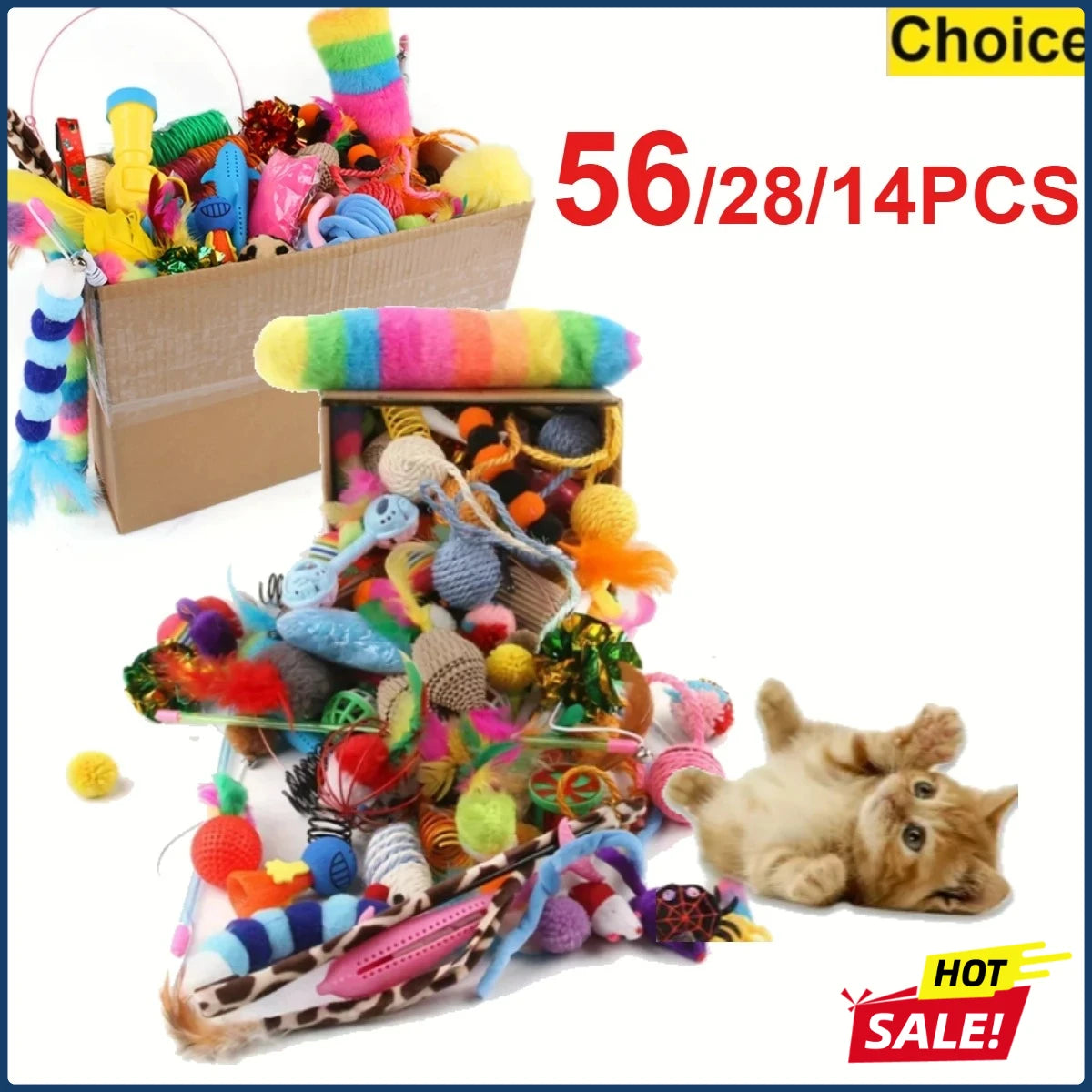 56pcs/28pcs/14pcs Pet Kitten Toys Variety Cat Toy Combination Set Cat Toy Funny Cat Stick Sisal Mouse Bell Ball Cat Supplies
