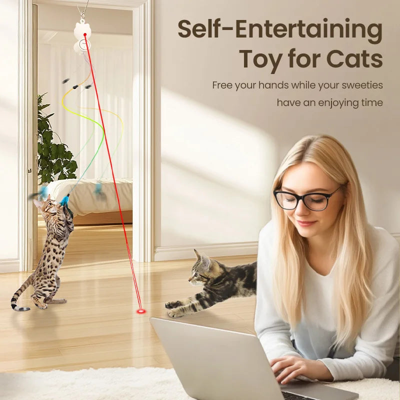 ROJECO Automatic Cat Toy 2 in 1 Interactive Laser Cat Toy with Hanging Feather Retractable Laser Toy for Cat Pet Kitten Supplies