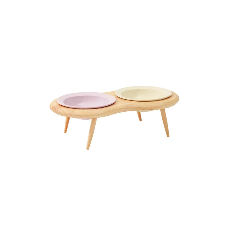 Cat Ceramic Bowl Small Dogs Double Food Water Bowls Pet Elevated Height Adjustable Drinking Eating Bowls with Wooden Stand