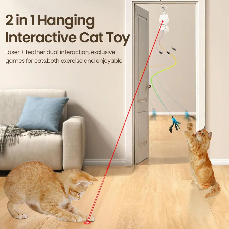 ROJECO Automatic Cat Toy 2 in 1 Interactive Laser Cat Toy with Hanging Feather Retractable Laser Toy for Cat Pet Kitten Supplies