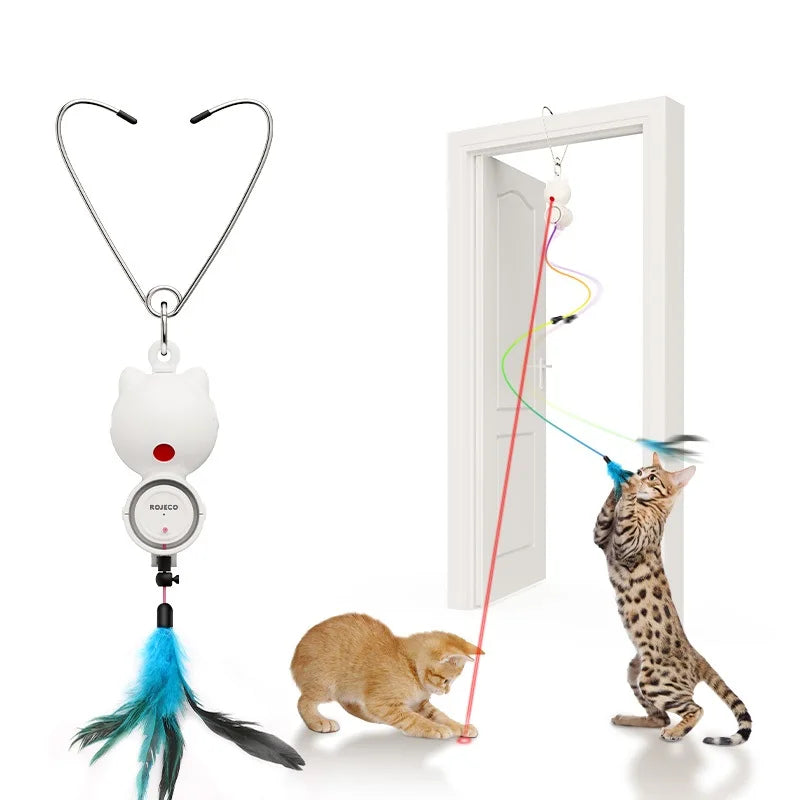 ROJECO Automatic Cat Toy 2 in 1 Interactive Laser Cat Toy with Hanging Feather Retractable Laser Toy for Cat Pet Kitten Supplies
