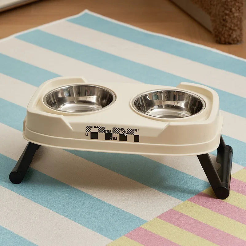 Vintage Adjustable Elevated Double Pet Bowl Foldable Cat and Dog Bowl with Three Height Levels for Neck Protection