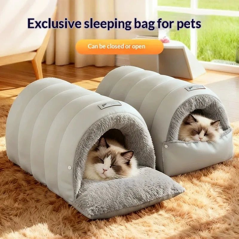 Semi-Enclosed Cat Bed Winter Warm Cat Cave Bed Washable Cat House Non-Slip Warm Waterproof Bottom for Indoor Cats Anti-Anxiety