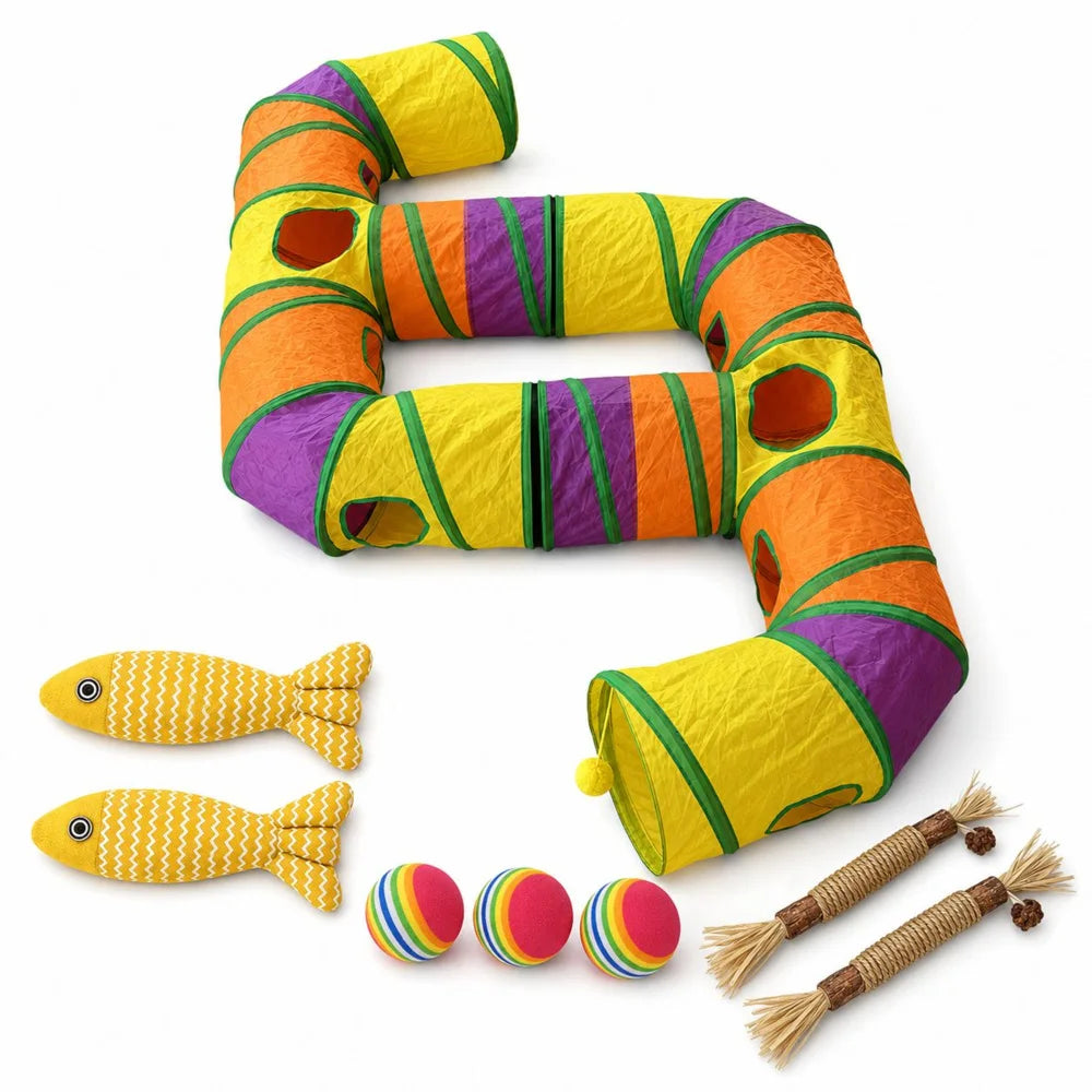 Zoe Extra Long Cat Tunnel Maze For Indoor Cats Double E Shaped Connectable Foldable Play Tunnel With Multiple Peek Holes Zipper Connection Two Hanging Pom Poms And Seven Interactive Toys For Kittens And Multi Cat Homes