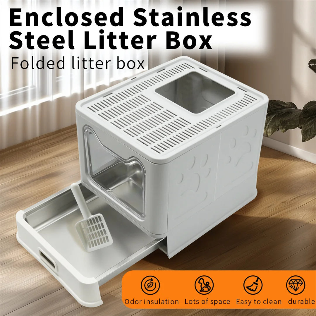 Bingopaw Stainless Steel Cat Litter Box, Detachable Enclosed Cat Toilet with Front Entry, Litter Scoop for Kittens and Cats