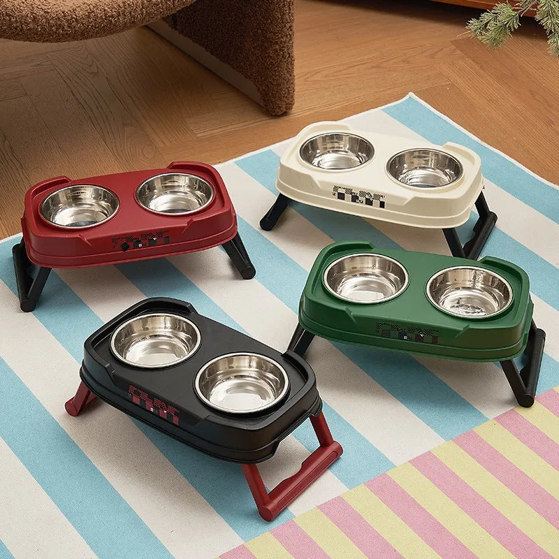 Vintage Adjustable Elevated Double Pet Bowl Foldable Cat and Dog Bowl with Three Height Levels for Neck Protection