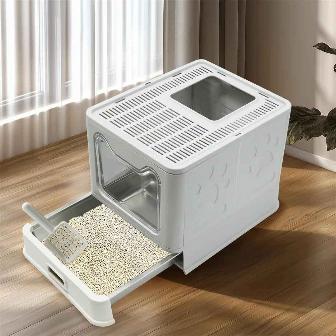 Bingopaw Stainless Steel Cat Litter Box, Detachable Enclosed Cat Toilet with Front Entry, Litter Scoop for Kittens and Cats